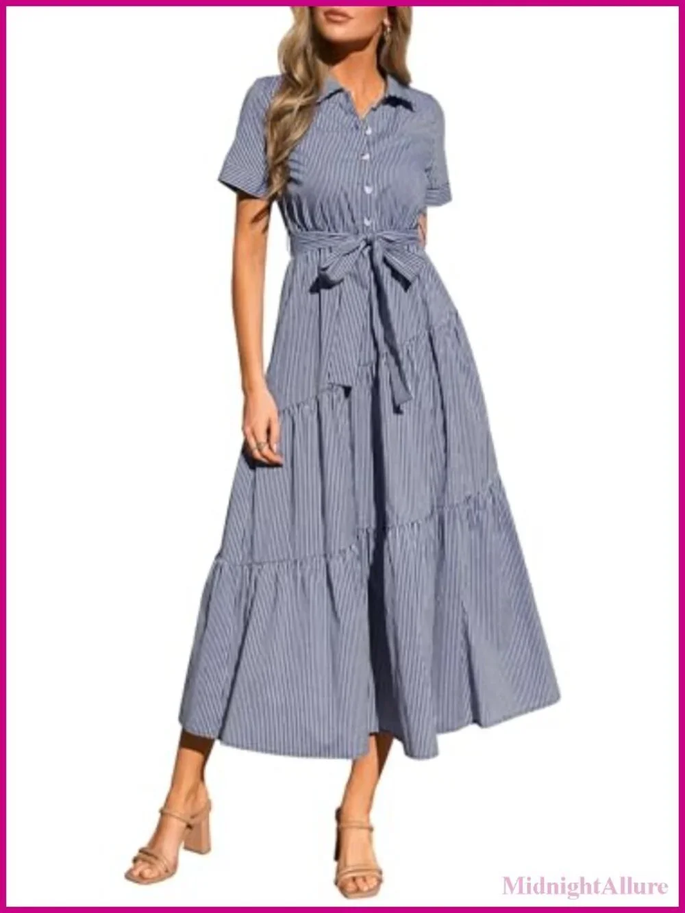 Women's Striped Button Up Maxi Shirt Dress with Belt | Short Sleeve Flowy